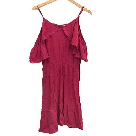 NEW NWT WILD PEARL Ruffle Dress Magenta Pink Cold Shoulder Cutout Mini Shift XS - Picture 2 of 8